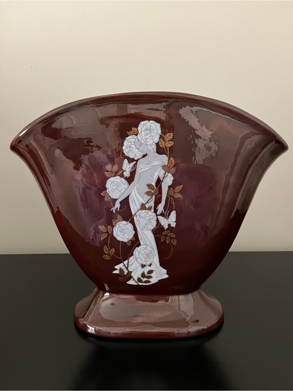 Vintage Deep Maroon Art Deco Style Fan Vase